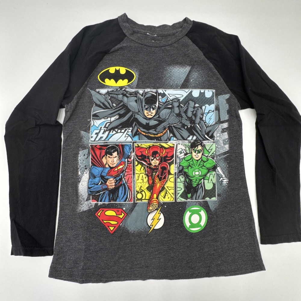 Sz Medium 10/12 Justice League DC Comics Boys Black Crew Tee Long Sleeve T-Shirt
