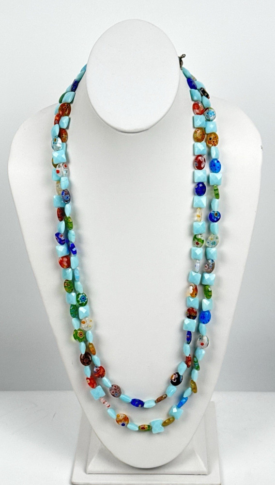 Beautiful Venetian Murano Millefiori and Faceted Sky Blue Glass Beaded Necklace