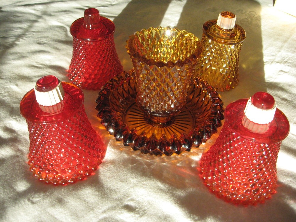 amber + ruby red Hobnail cup peg glass votive candle holders = (5) five + 1 base