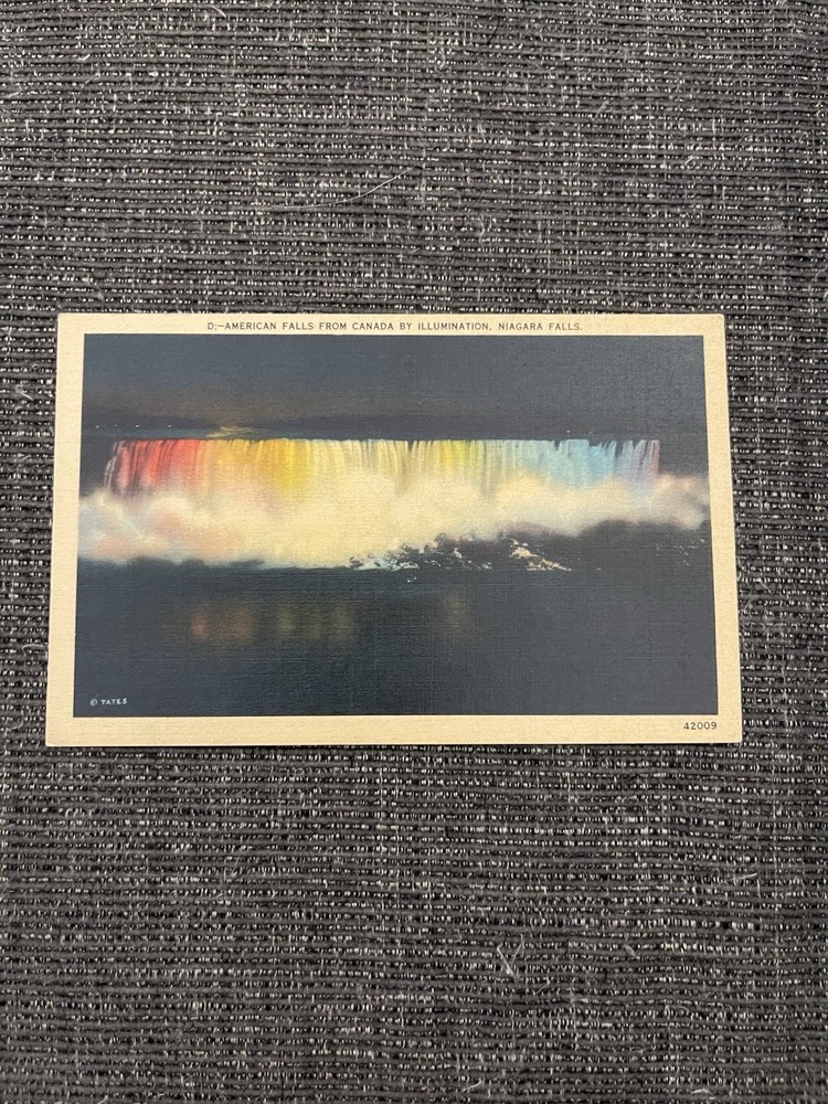 Linen Postcard New York~Niagara Falls-American Falls From Canada by Illumination