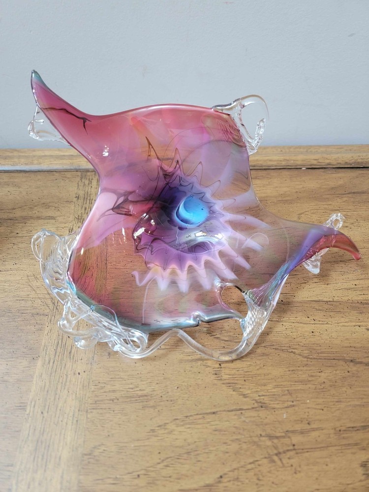 Vintage Hand Blown Iridescent Art Glass Bowl Pink Blue Swirl Ruffled Centerpiece