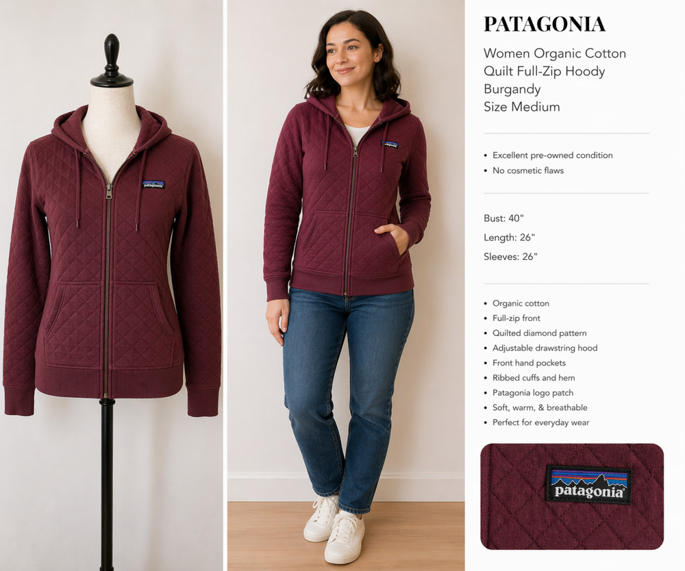 Patagonia Womens Organic Cotton Quilt Full Zip Hoodie Burgundy M