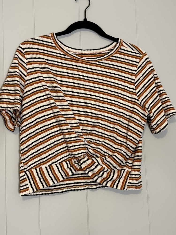 Earthbound Striped Cropped Knit T-Shirt Women's L Multicolor Crew Neck SS