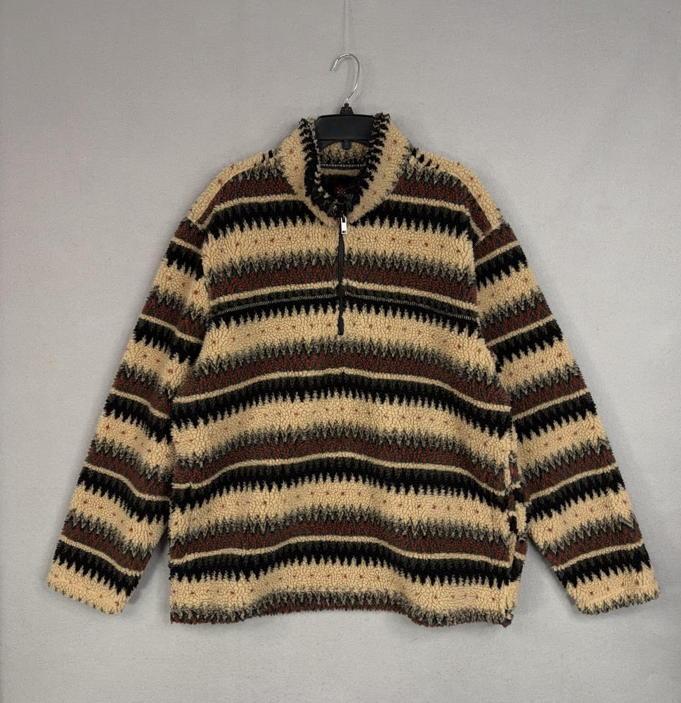Mountain And Isles Sweater Mens XL Beige Sherpa Fleece 1/4 Zip Striped Outdoor