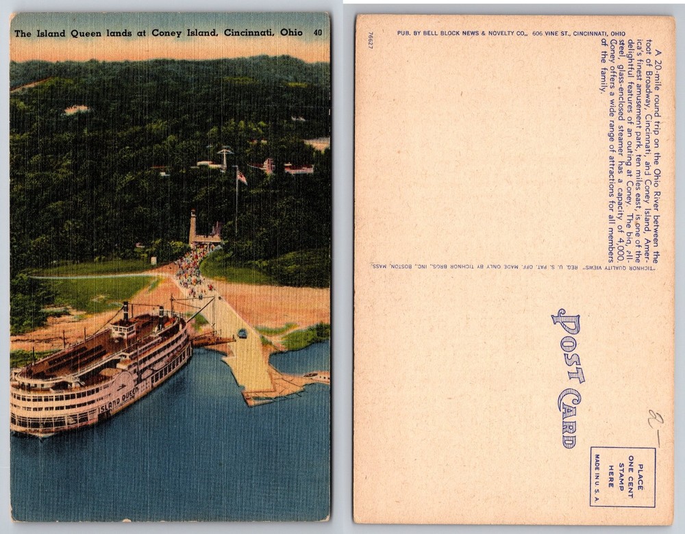 VTG Island Queen Steamboat Coney Island Cincinnati Ohio Linen Postcard