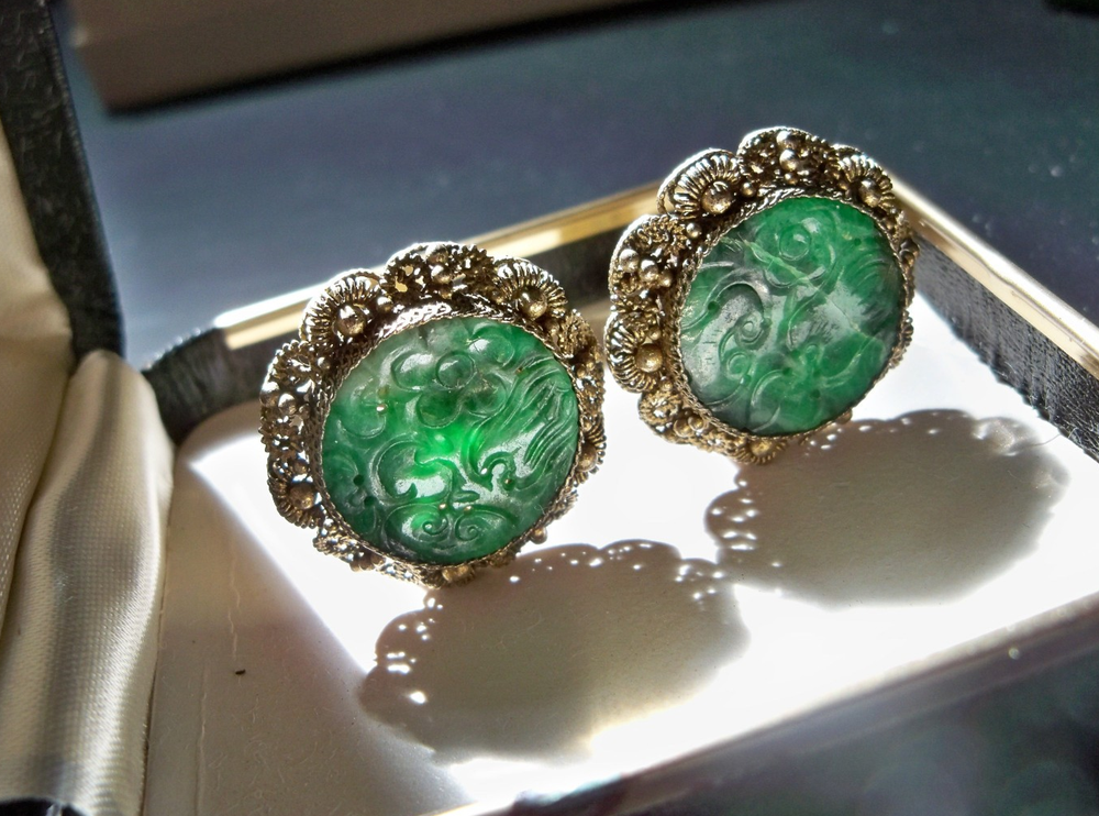 Vintage Qing victorian green white black jadeite jade earrings large disc deco