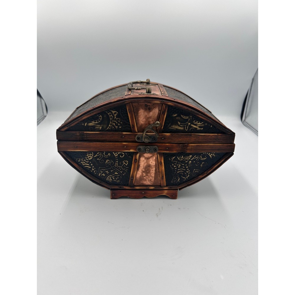 Vintage Wooden Treasure Chest Embossed Metal Oval Keepsake Box Decorative Trunk