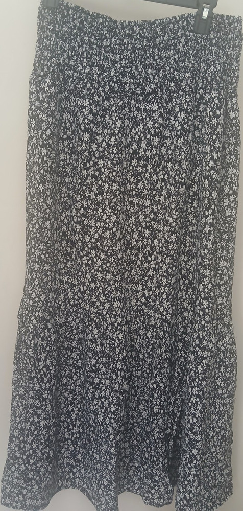 Floral Pleated Long Skirt A-Line Elastic Waist Black White XL
