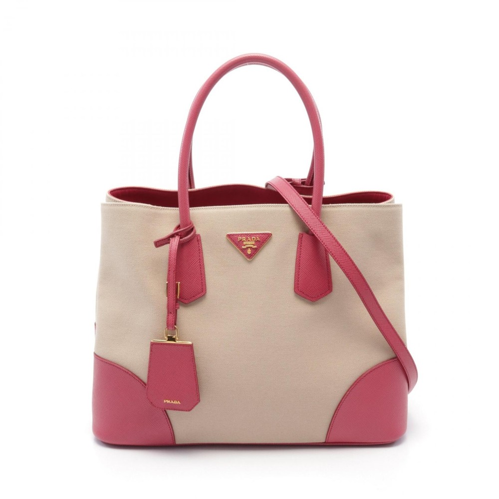 PRADA Saffiano Canapa Shoulder Bag B2756T in Beige Pink Canvas Leather Pre-Owned