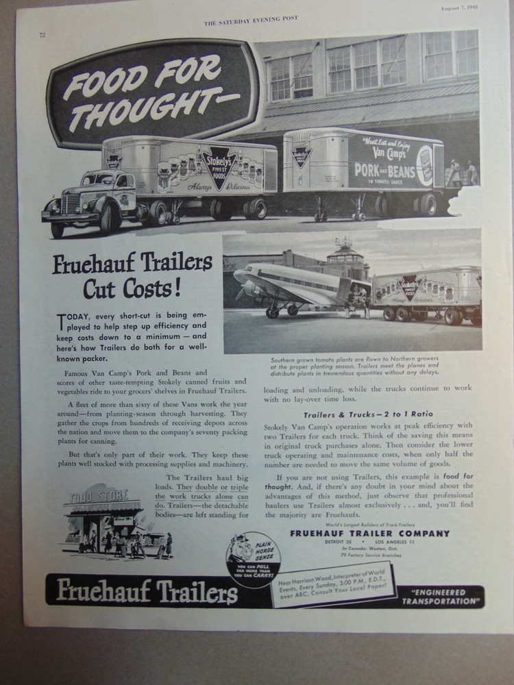 1948 Fruehauf Trailers Cut Costs on Food Delivery print ad