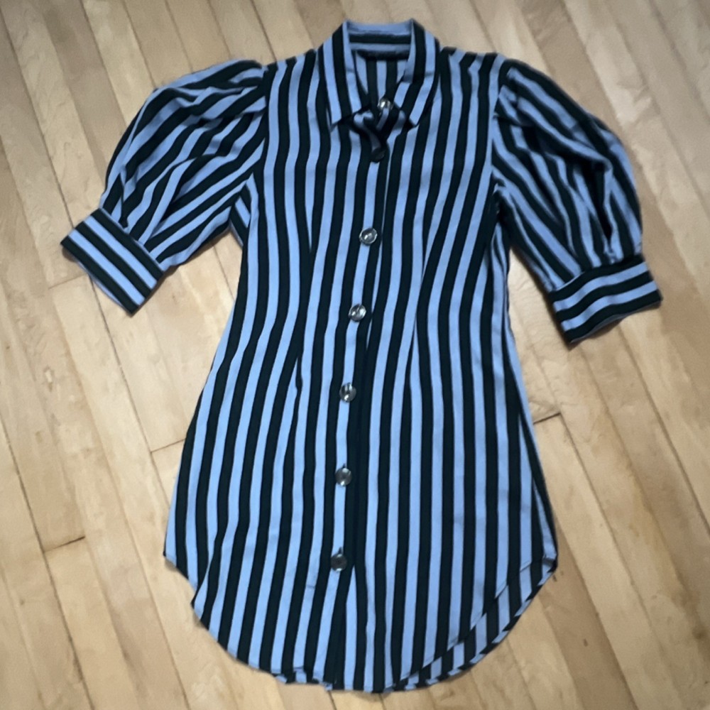 ZARA WOMAN Striped Puff Sleeve Button-Up Collared Blouse Blue Green Black XS