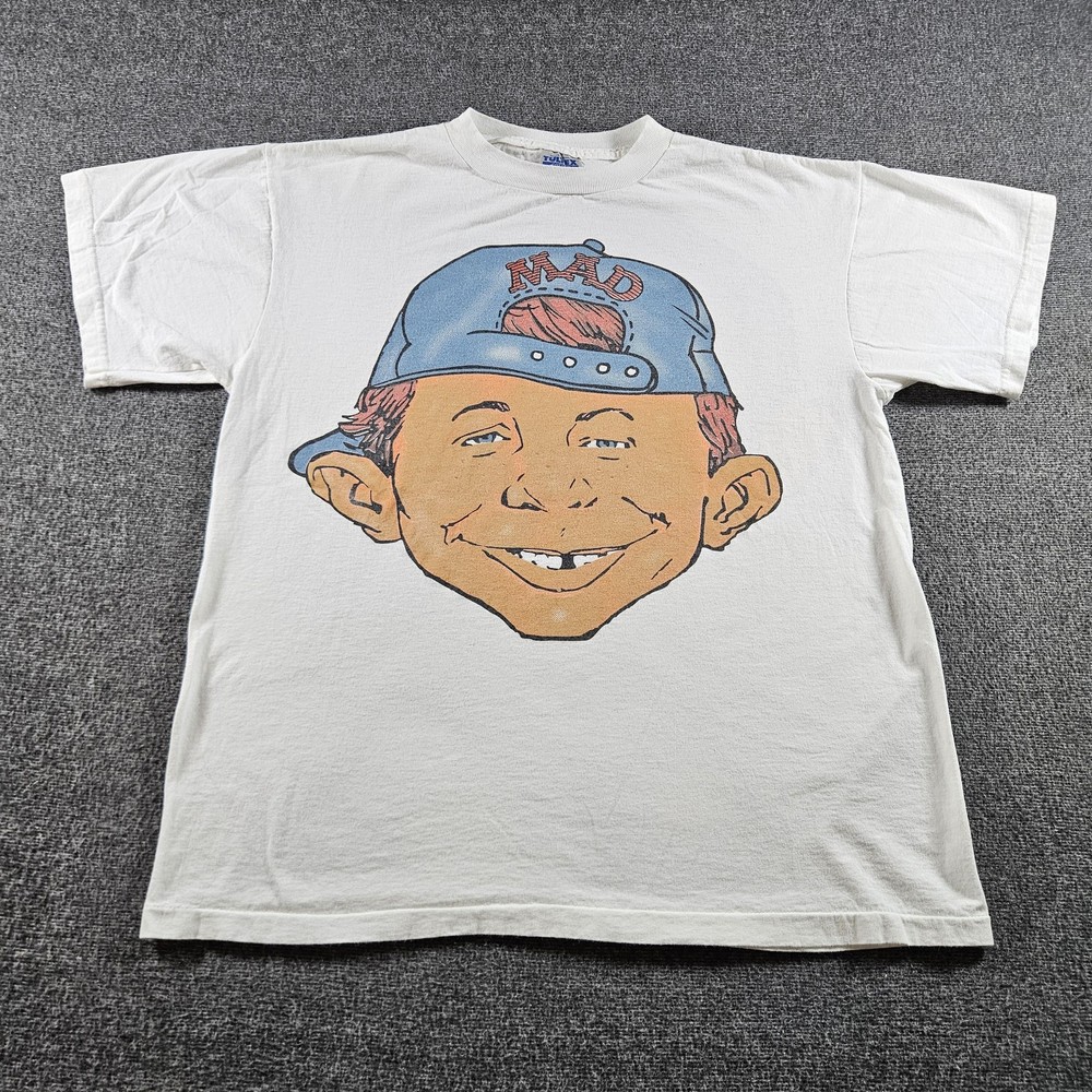 Vintage MAD Magazine Alfred E Neuman Shirt Mens Large White 2 Sided Tultex 90s
