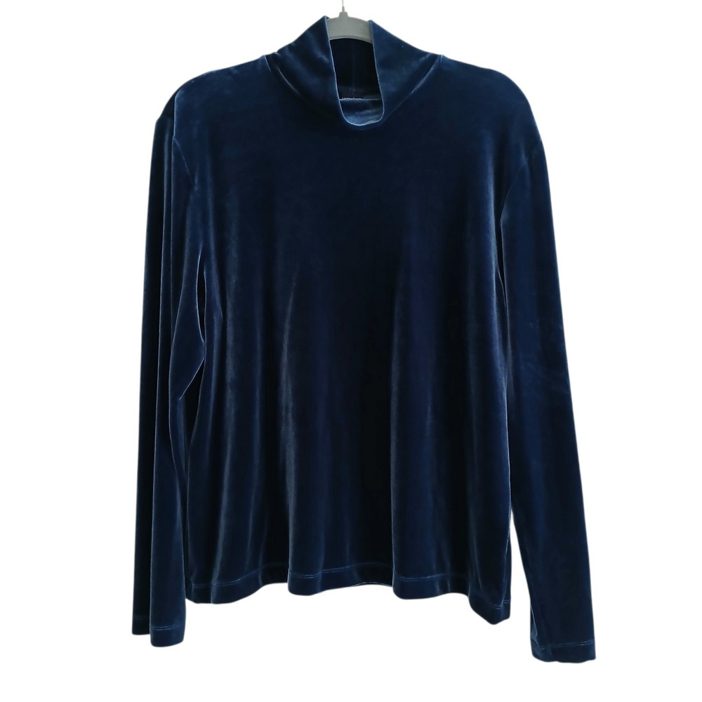 Land's End Velvet Mock Neck Long Sleeve Top Women’s XL Blue Jewel Tone Stretch