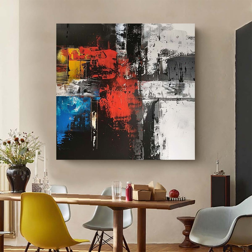 Hand Painted Abstract Wall Art Painting On Canvas Black Red Blue Picture Room