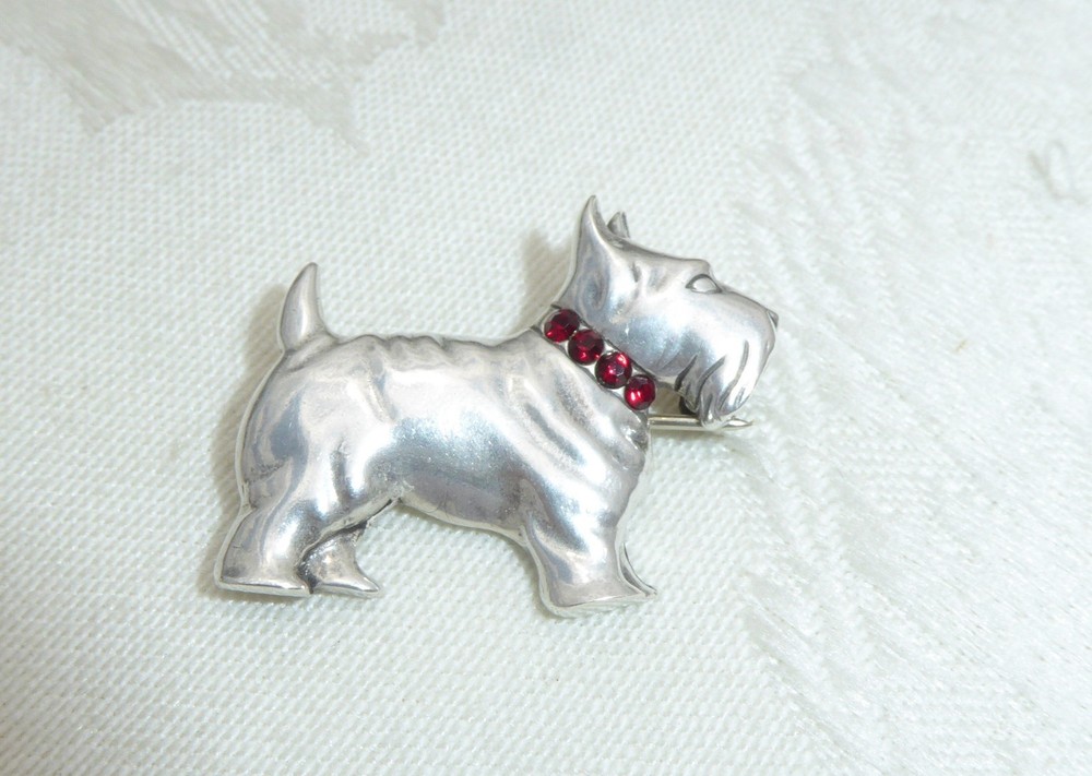 GREAT SCOTTIE DOG STERLING SILVER RED RHINESTONE COLLAR BROOCH Scottish Terrier