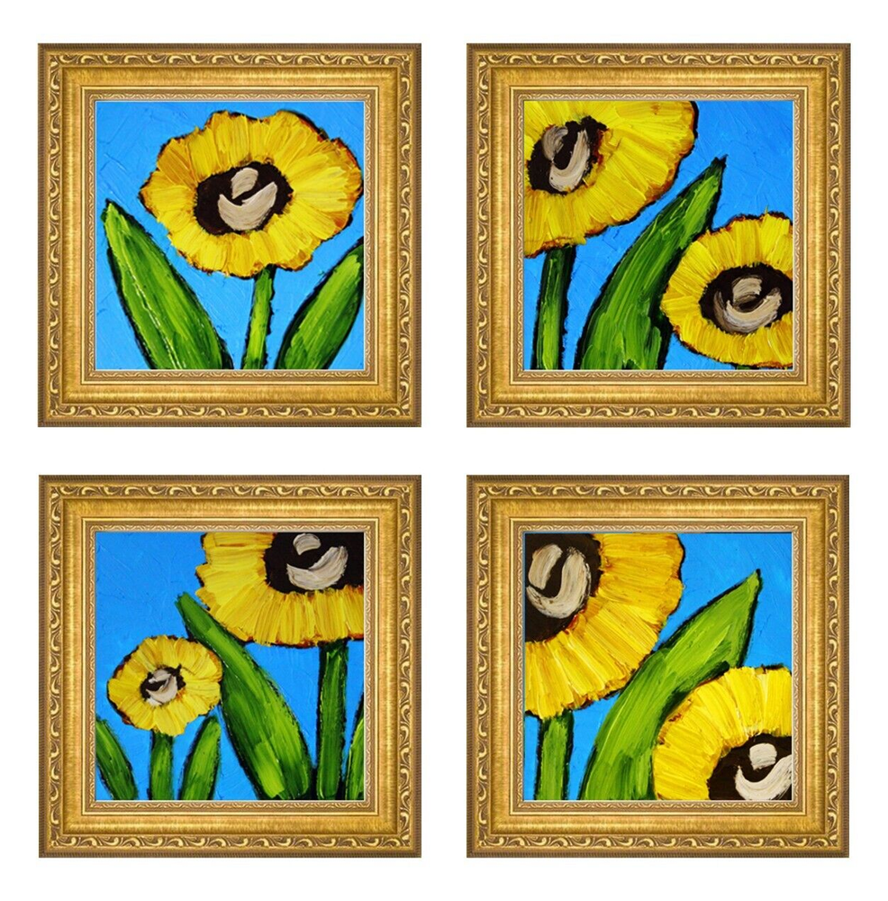 4 Piece Wall Art Set Ukrainian Signed Sunflowers Oil Painting Pack Donation Art