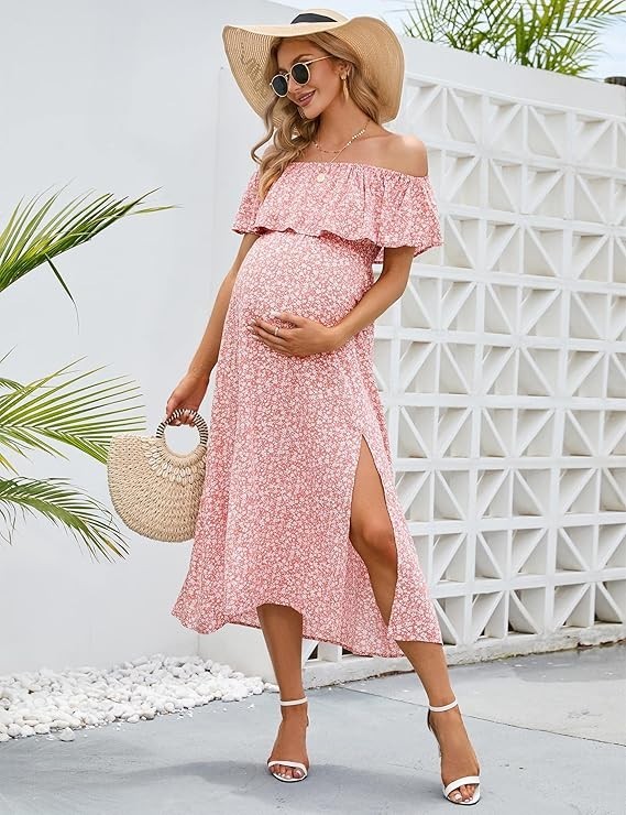 Maternity Dress Women's Off Shoulder Split A Line Casual Maxi Dress Photography