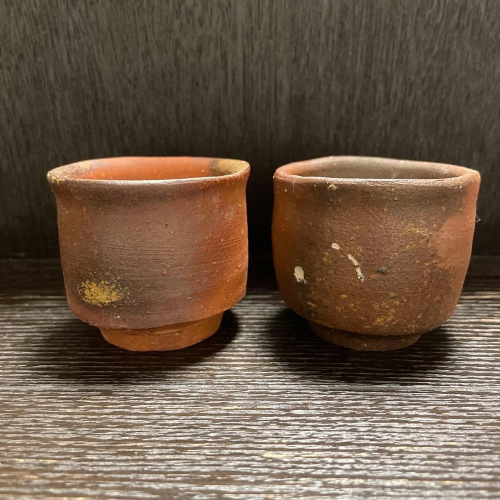 GuinHiromi Ochoco Bizen Ware Sake Cups Set of 2 Signed Pottery Handmade