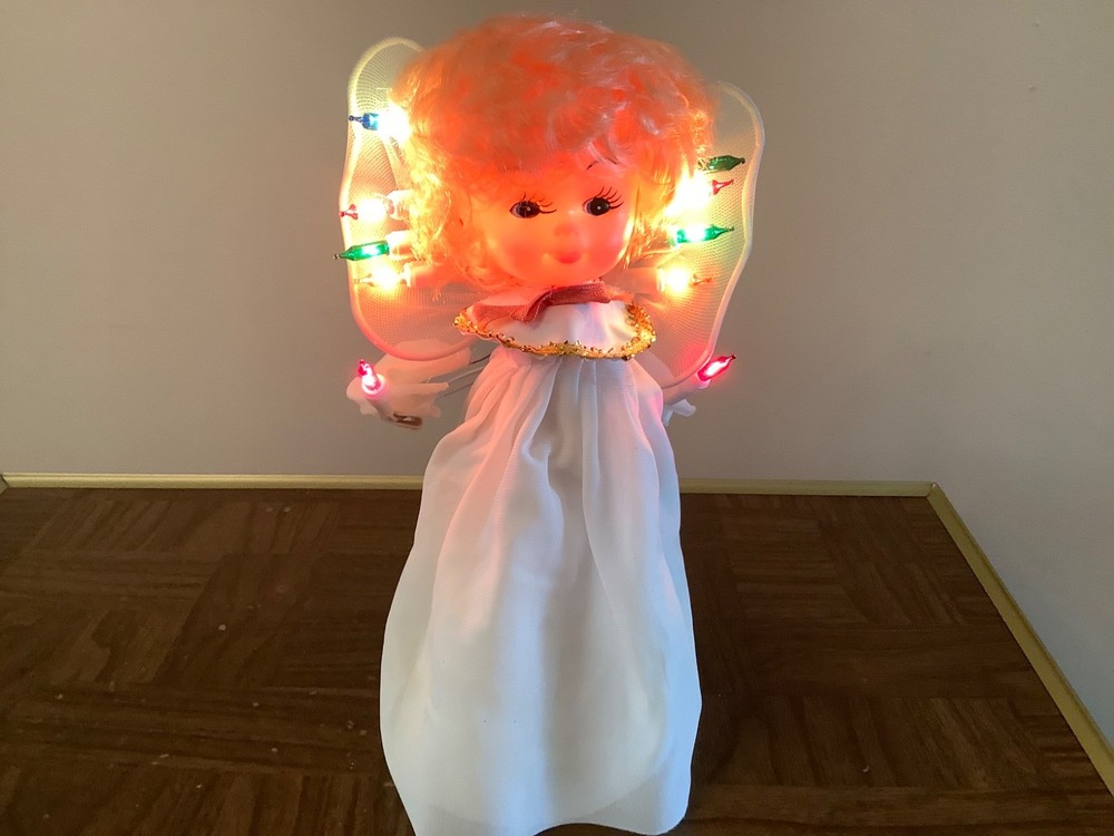 Vintage Christmas Doll Angel Tree Topper Lighted Works 10.5 Inches Tall.