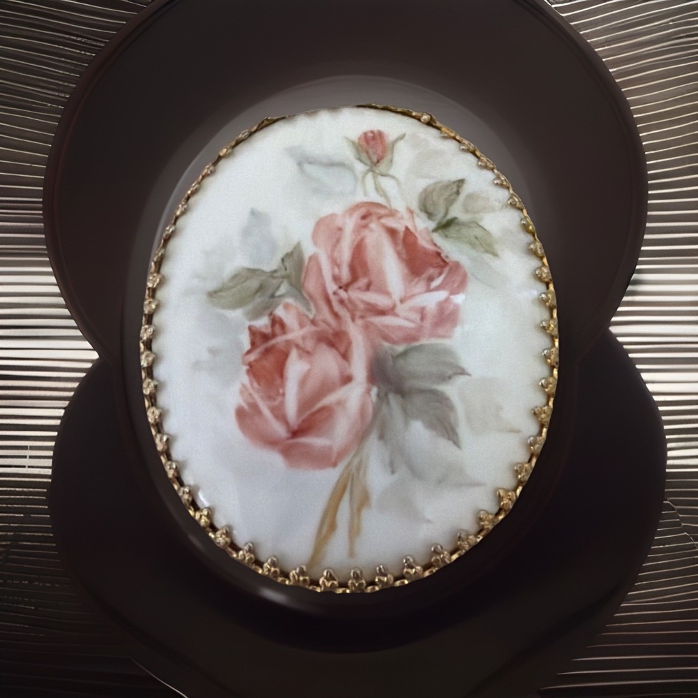 Vintage Hand Painted Porcelain Rose Brooch Pin Gold Trimmed Pink Floral Signed