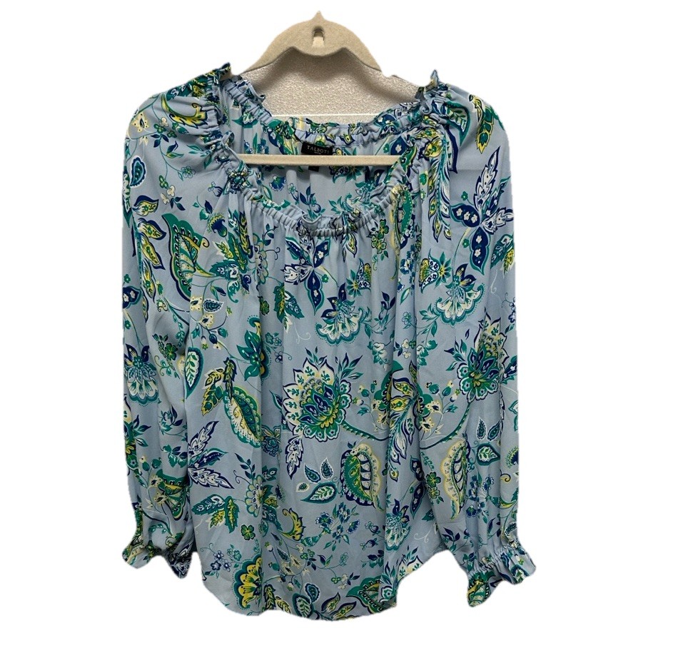 Talbots PETITES Paisley long sleeves off shoulder blouse size LP office colorful
