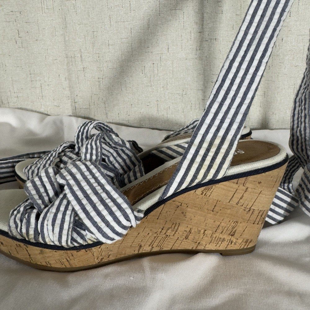 Sperry Top-Sider Seersucker Striped Fabric Ankle Tie Cork Wedge Sandals Size 5