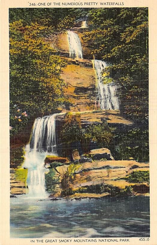 Postcard NC: Waterfall, Great Smoky Mountains NP, Vintage Linen, Unposted