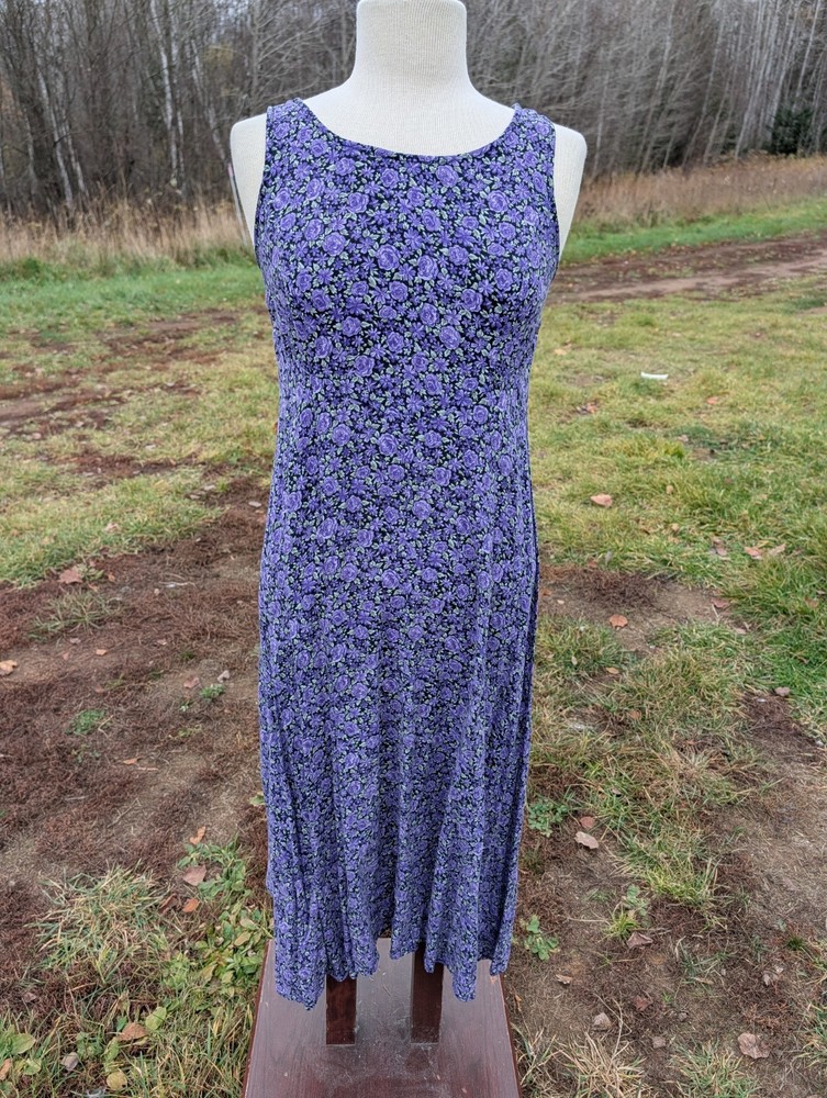 All That Jazz Vintage 90s Floral Rose Purple Midi Dress Tie Back Size 3/4