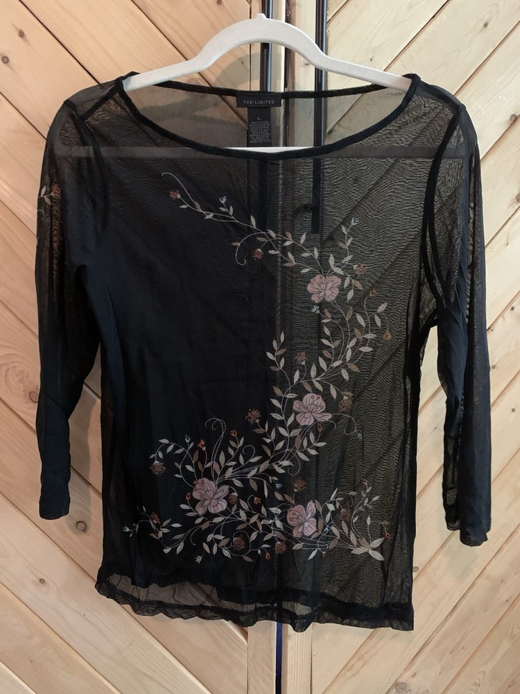 The Limited Women's L Regular Sheer Black Mesh Floral Embroidered 3/4 Sleeve Top