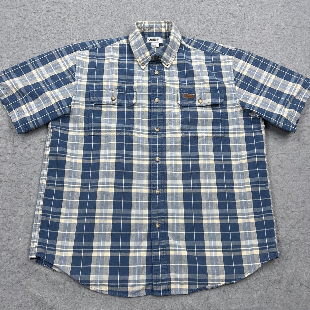 Carhartt Work Shirt Men's Large Blue Plaid Relaxed Fit Short Sleeve Button Down