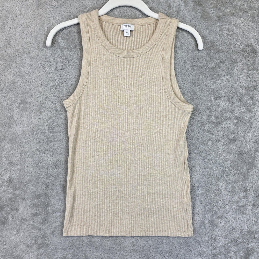 J.Crew Tank Top Womens L Beige Crew Neck Sleeveless Ribbed Knit Basic Summer