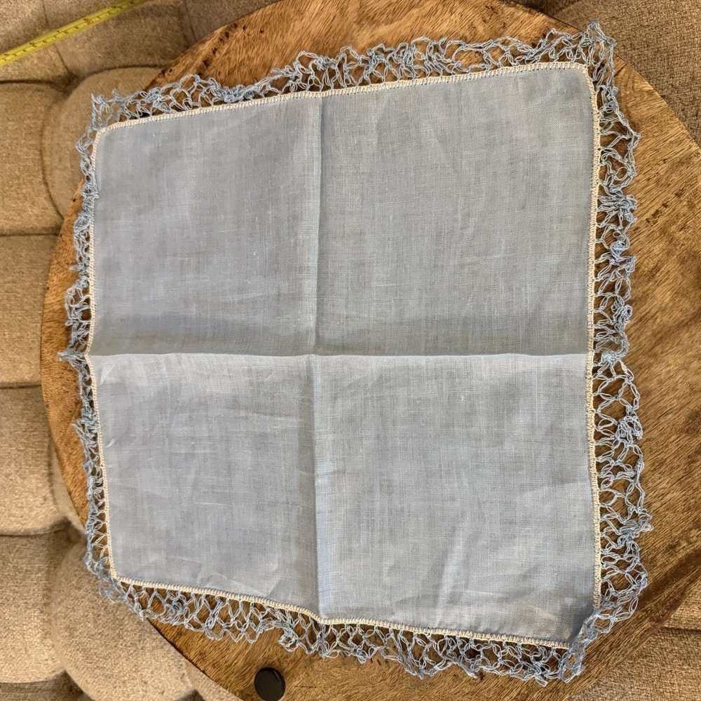 Something Blue Linen Wedding Handkerchief Bride Lace Crochet Edging 12” X 12”