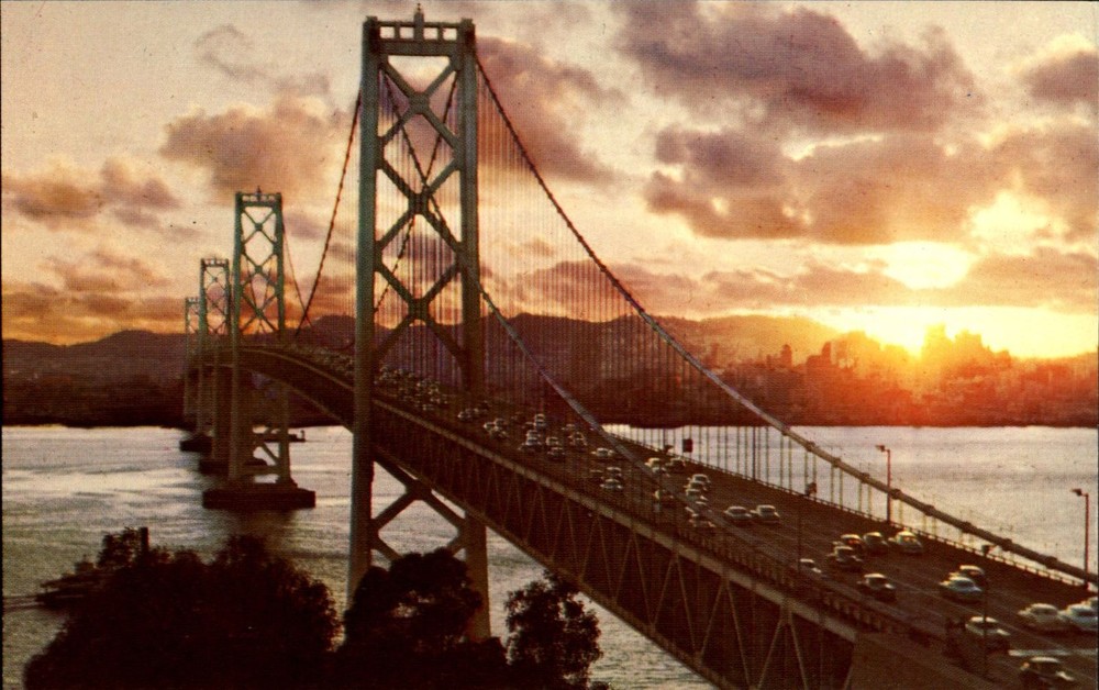 San Francisco-Oakland Bay Bridge~California CA~sunset~1950s