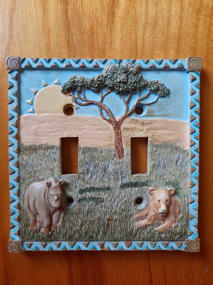 Borders Unlimited Safari Rhino Lion 3D Double Light Switch Plate Cover