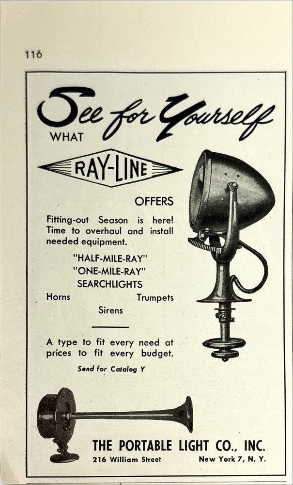 Ray-Line Boat Equipment, Lights, Horns, Sirens, Trumpets, Vintage Print Ad 1947