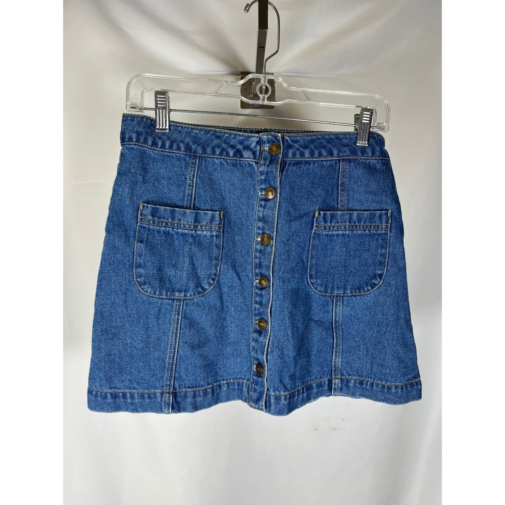 Forever 21 Blue Denim Button Front Mini Skirt Size Large A-Line Patch Pocket