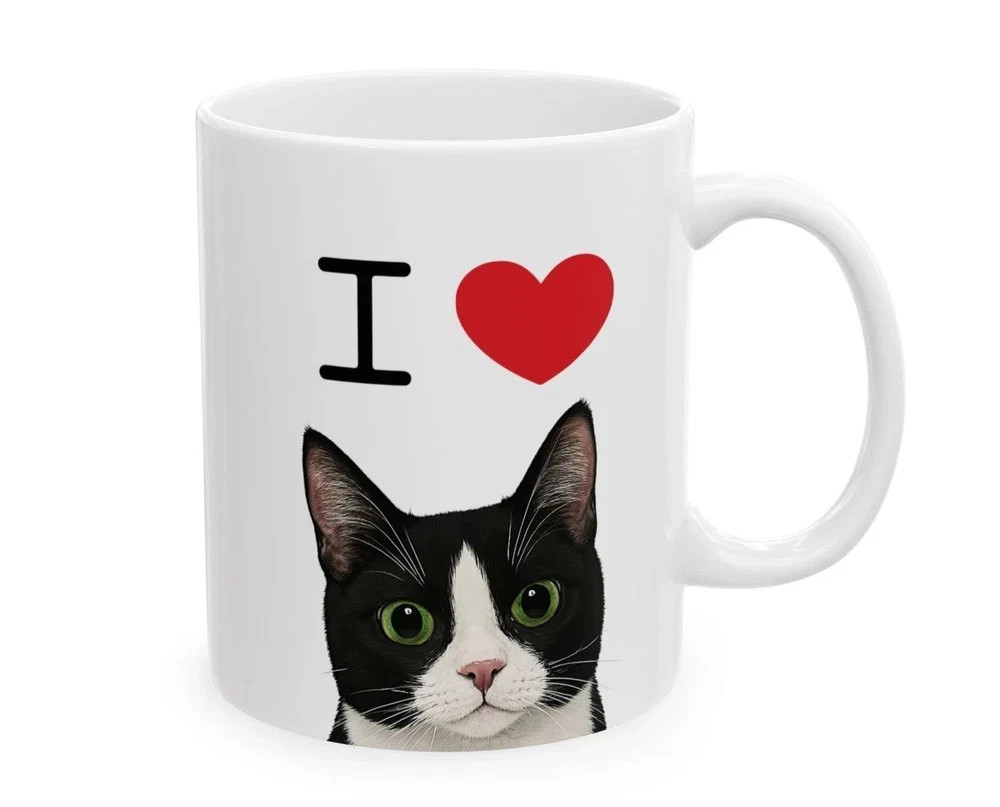 I Love Cat Mug – Cute Black and White Cat Coffee Cup Gift for Cat Lovers 11oz