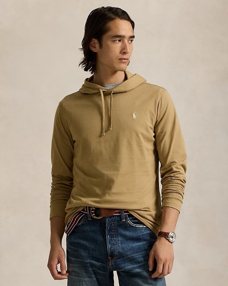 Polo Ralph Lauren Jersey Hooded T-Shirt Tan White Logo Men’s Small Long Sleeve