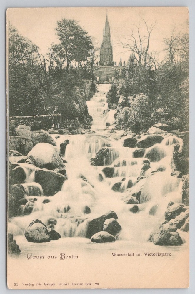 Vintage Berlin Victoriapark Waterfall Monument Gruss aus Postcard c.1910