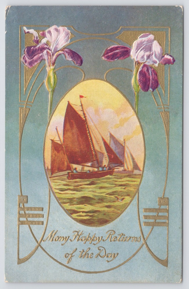Greetings~Purple Flowers Sailboats & Many Happy Returns~Vintage Postcard