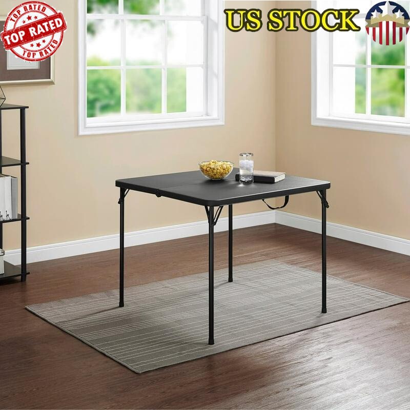 34 Inch Black Square Folding Table with Carry Handle for Easy Storage