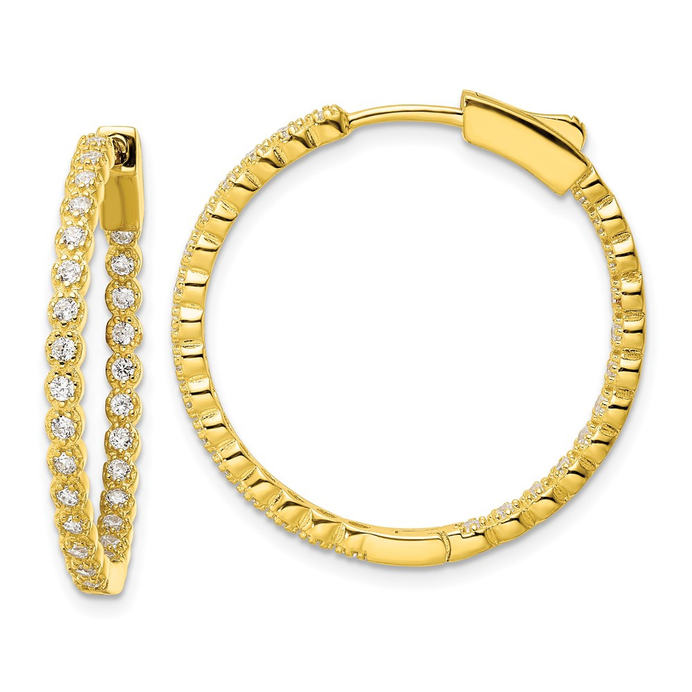 Sterling Silver Gold-tone In & Out Cubic Zirconia Hinged Hoop Earrings 4.7gm