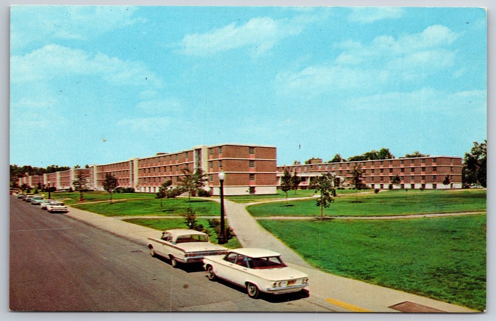 Lafayette Indiana~Purdue University~Mens Residence Hall Bldg~Lawn~1950s Postcard