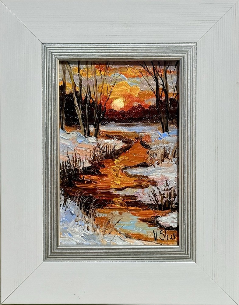 Original Oil Painting Winter Sunset Landscape Forest  Art Signed Framed Impasto