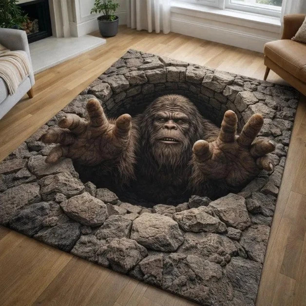 Bigfoot 3D Hole Area Rug, Sasquatch Illusion Rug, Funny Bigfoot Carpet Doormat