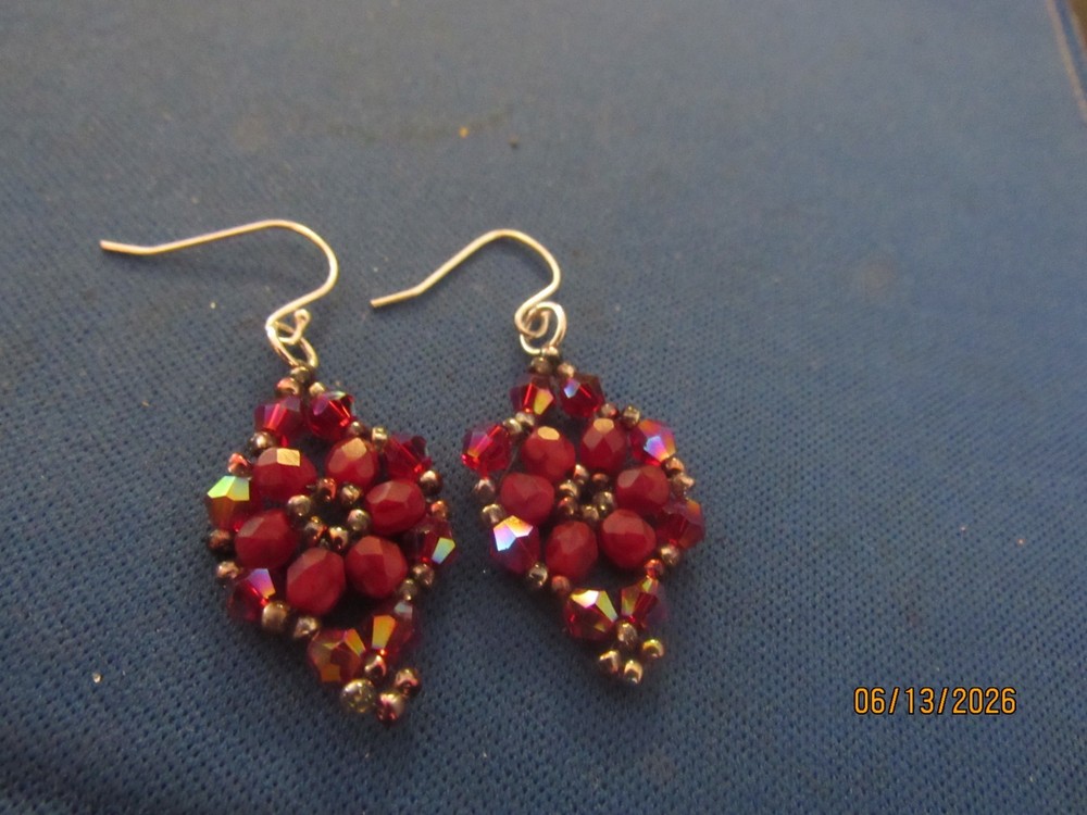 Vintage Sterling Ear Wires Irridized Red Faceted Beads Pierced Wire Earrings