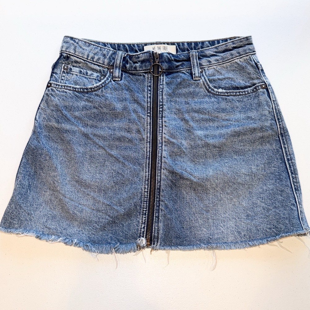 We the Free Women 26 Zip It Up Denim Mini Skirt Copper Blue Open Hem Y2K Jean