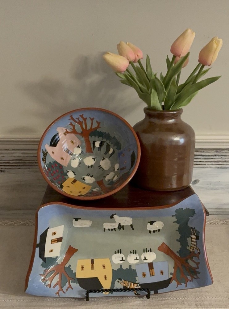 Vaughn Smith Westcote Studio  Folk  Art Pottery Bowl  & Tray Sheep Trees Houses