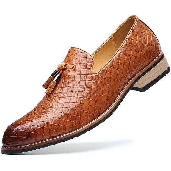 Santimon Men's US 11 Tan Woven Tassel Leather Slip On Smoking Loafers Casual Sho