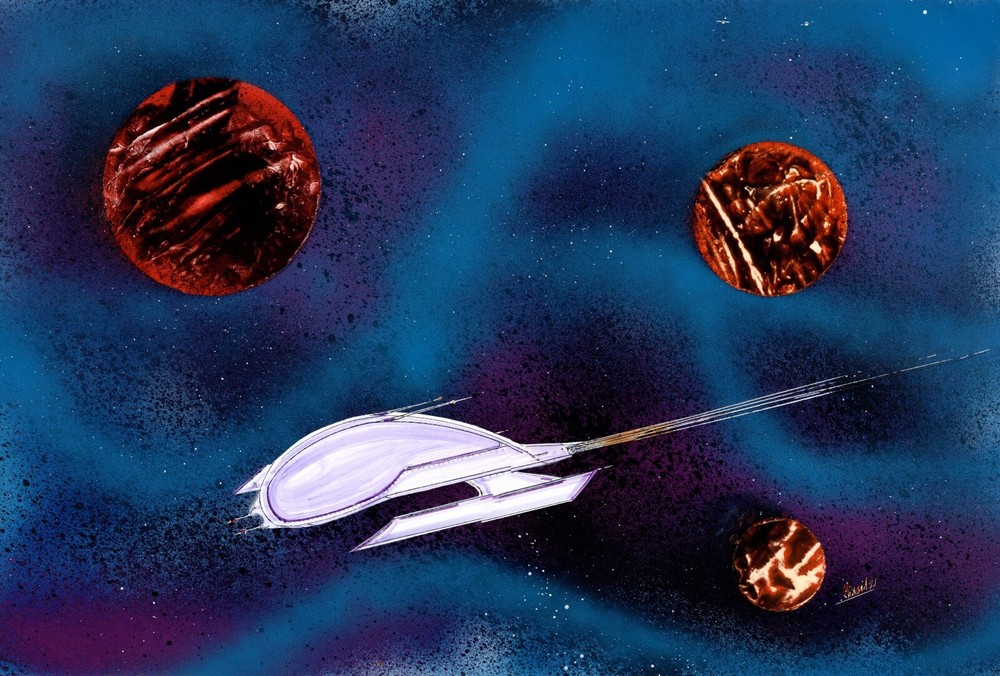 Rocket Spaceship Painting signed by artist Girard in a small size blue art.